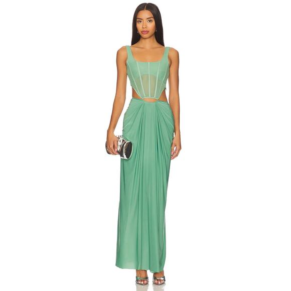 Deme Gabriella Valentina Corset Maxi Dress Cut Out Formal Statement Green Sz XS - Picture 2 of 9